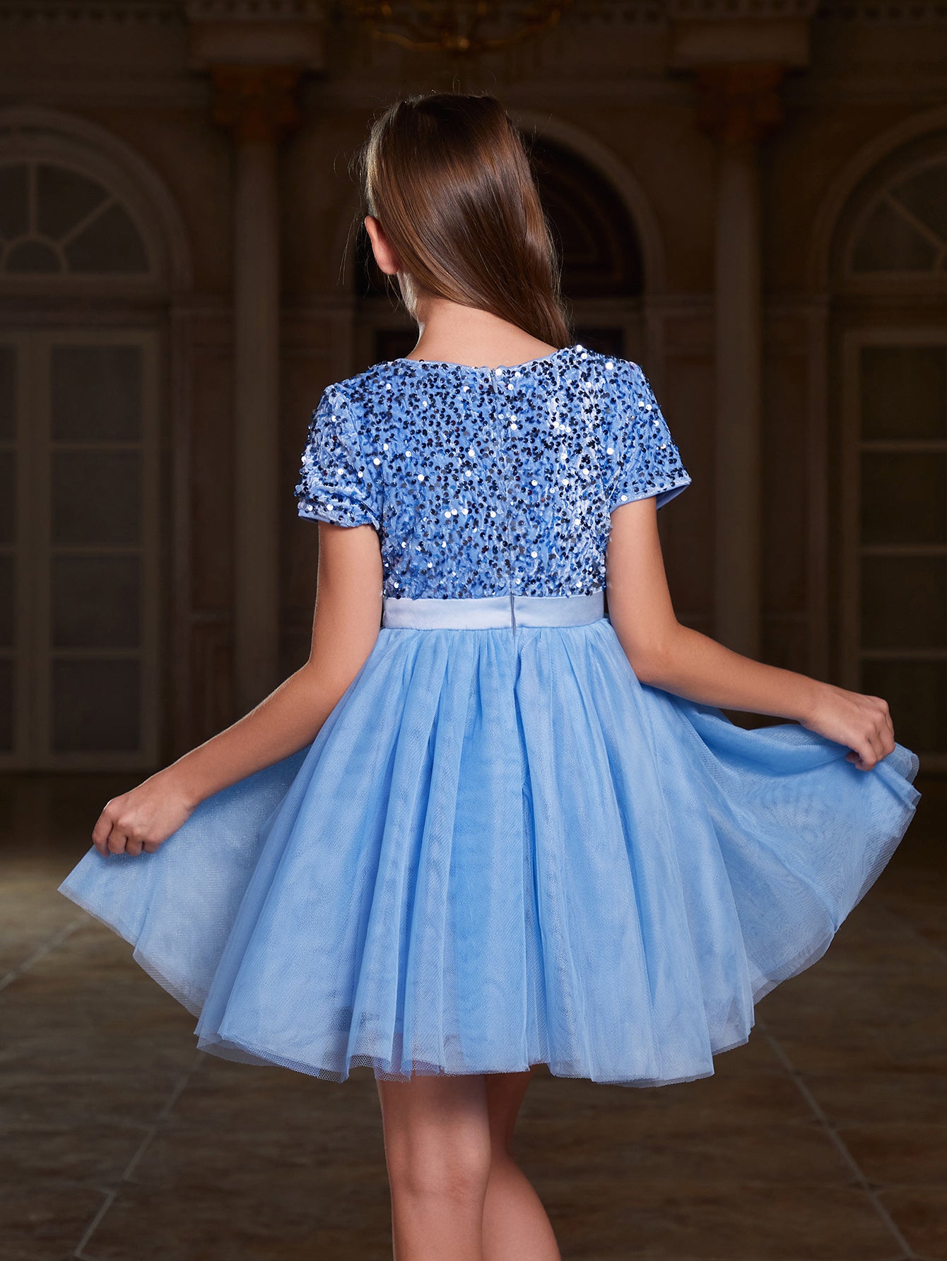 Girl's Bow Detail Sequin Contrast Mesh Hem Dress