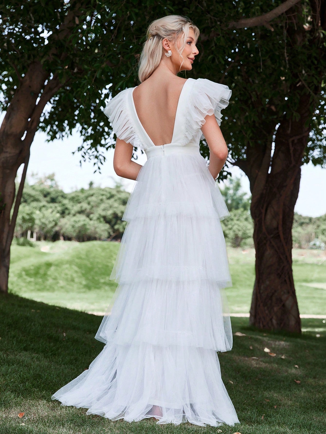 Plunging Neck Backless Ruffle Trim Mesh Wedding Dress