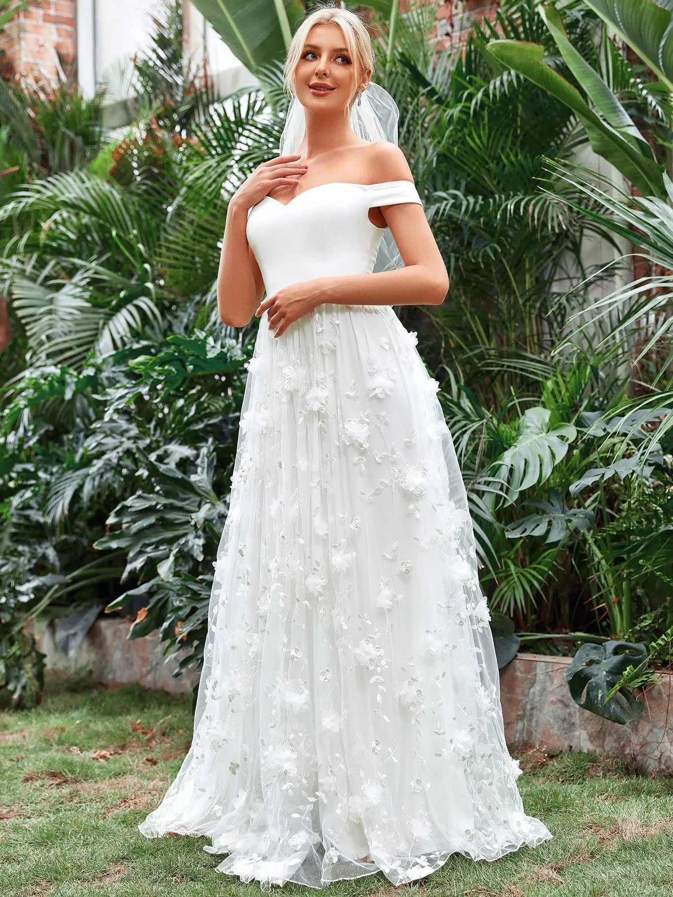 Off Shoulder Floral Applique Mesh Wedding Dress