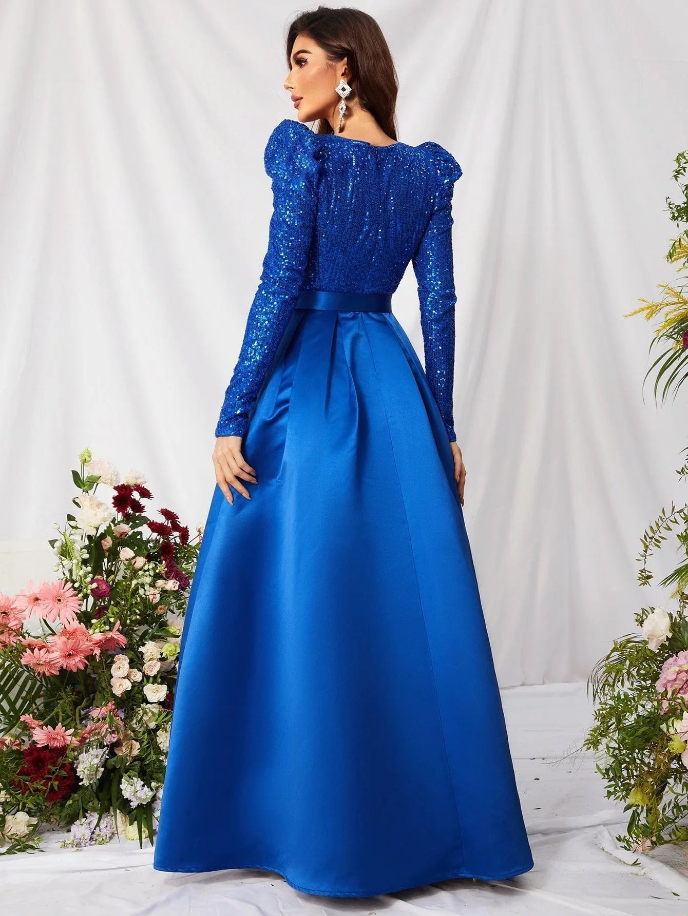 Elegant V Neck Gigot Sleeve Slit A Line Prom Dress