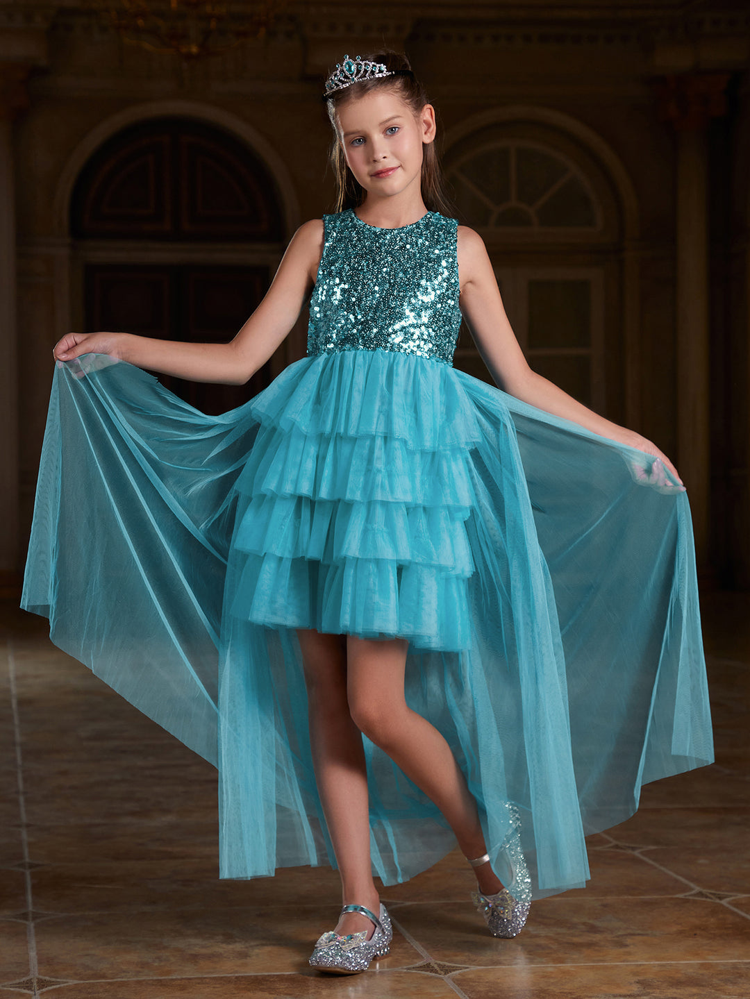 Tween Girls' Mesh Layered Hem Sequin Party Dress