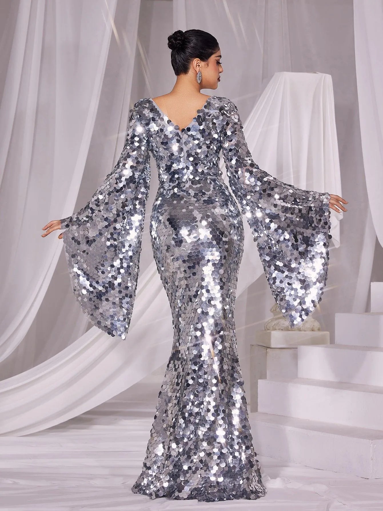 Plunging Neck Flared Sleeves Sequin Mermaid Dress