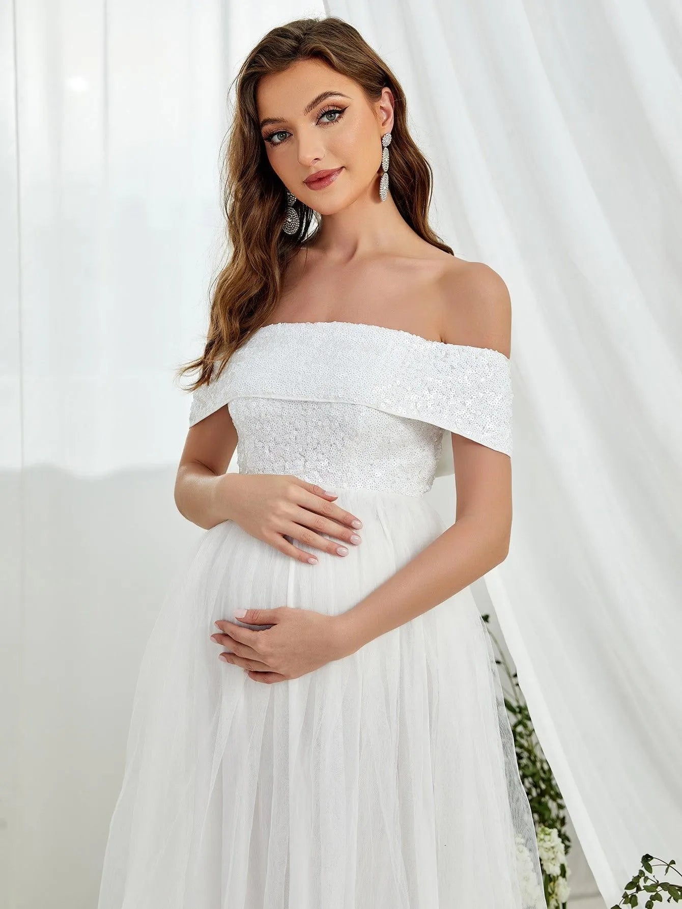 Maternity Off Shoulder Contrast Sequin Evening Dress