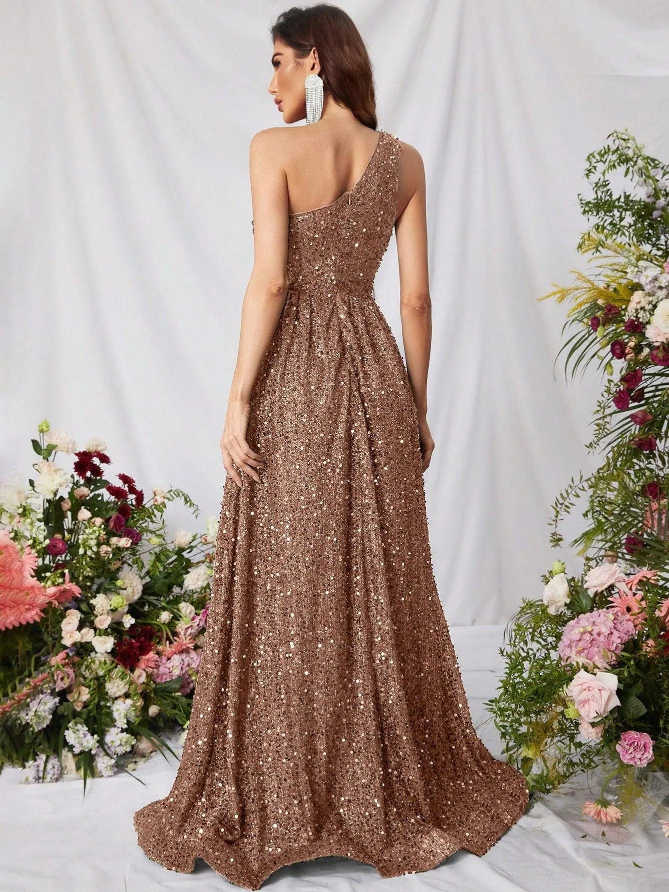 Elegant One Shoulder Sleeveless Sequin A Line Dresses