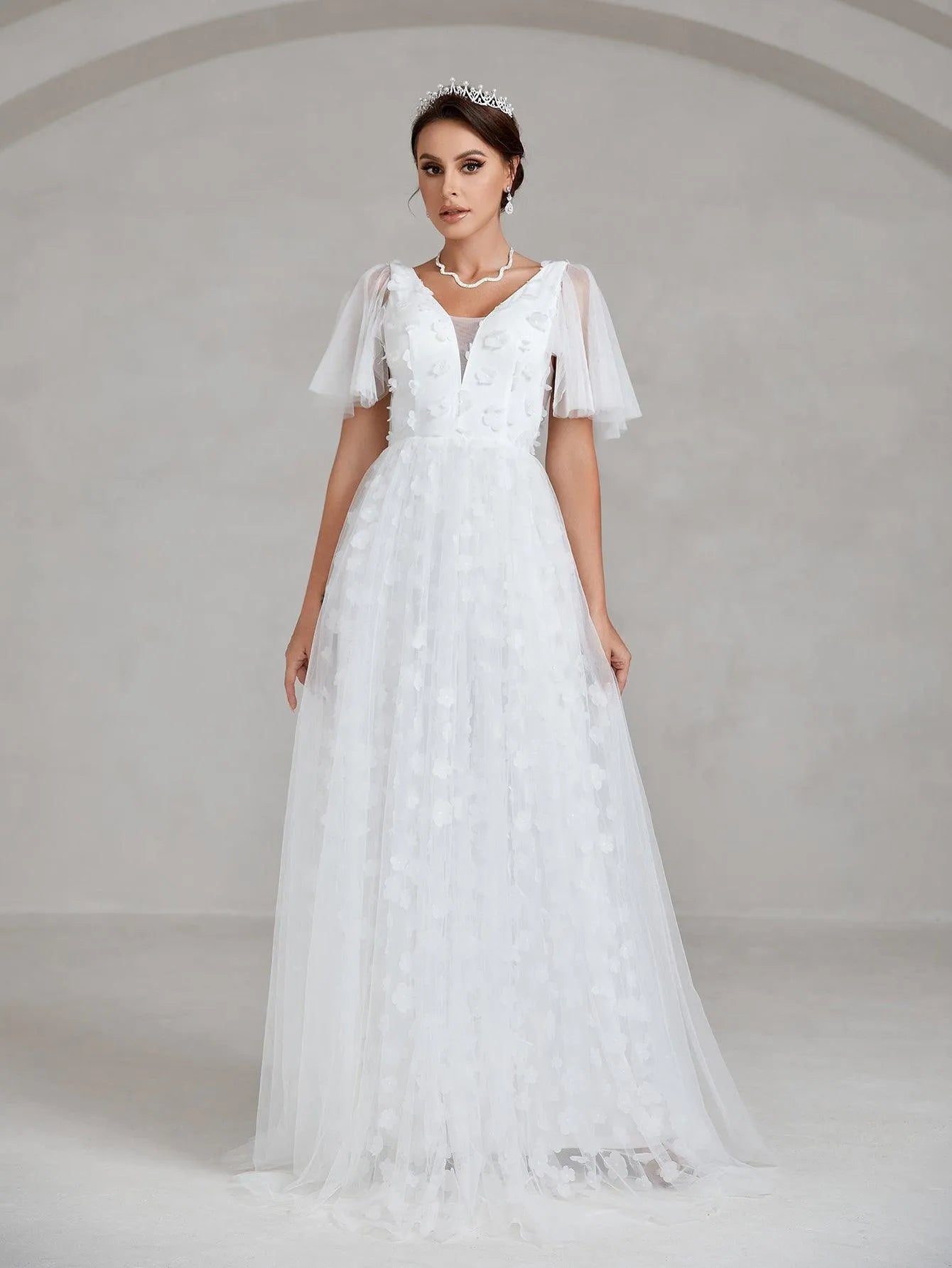 Butterfly Sleeve Floral Applique Mesh Wedding Dress