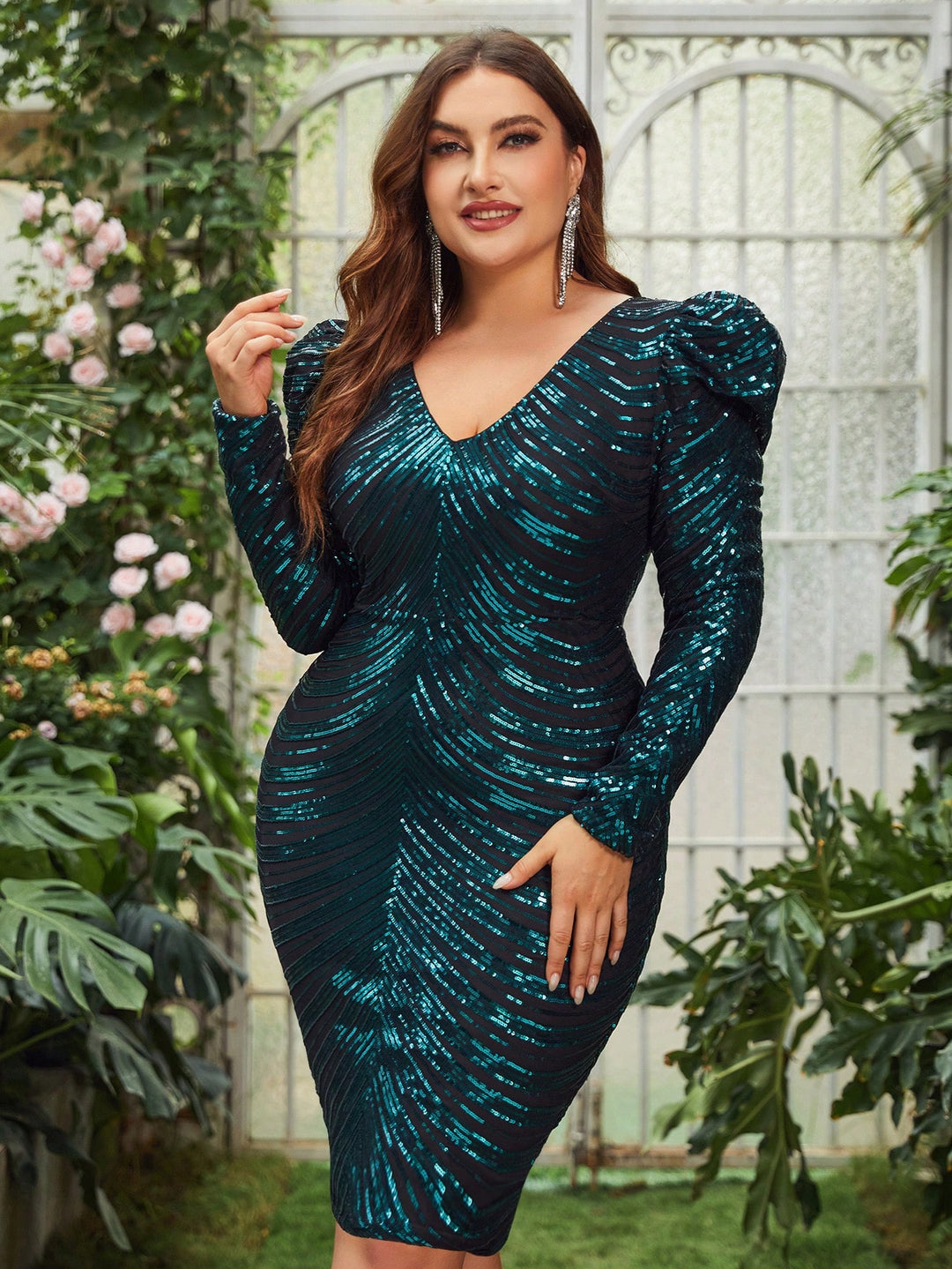 Plunging Neck Gigot Sleeve Sequin Midi Dresses