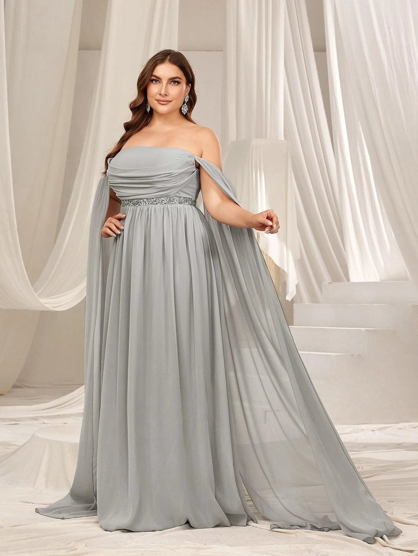 Plus Off Shoulder Extra-Long Sleeves Chiffon Prom Dress