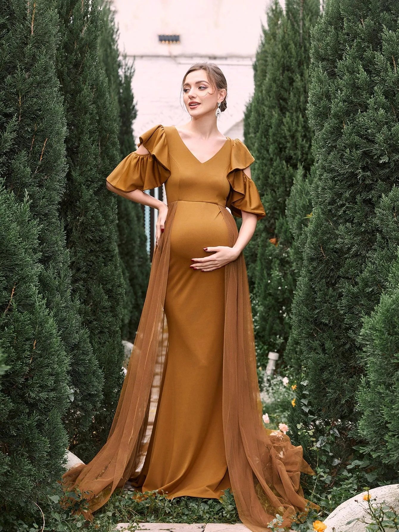 Maternity V Neck Ruffle Sleeves Mesh Overlay Mermaid Dress