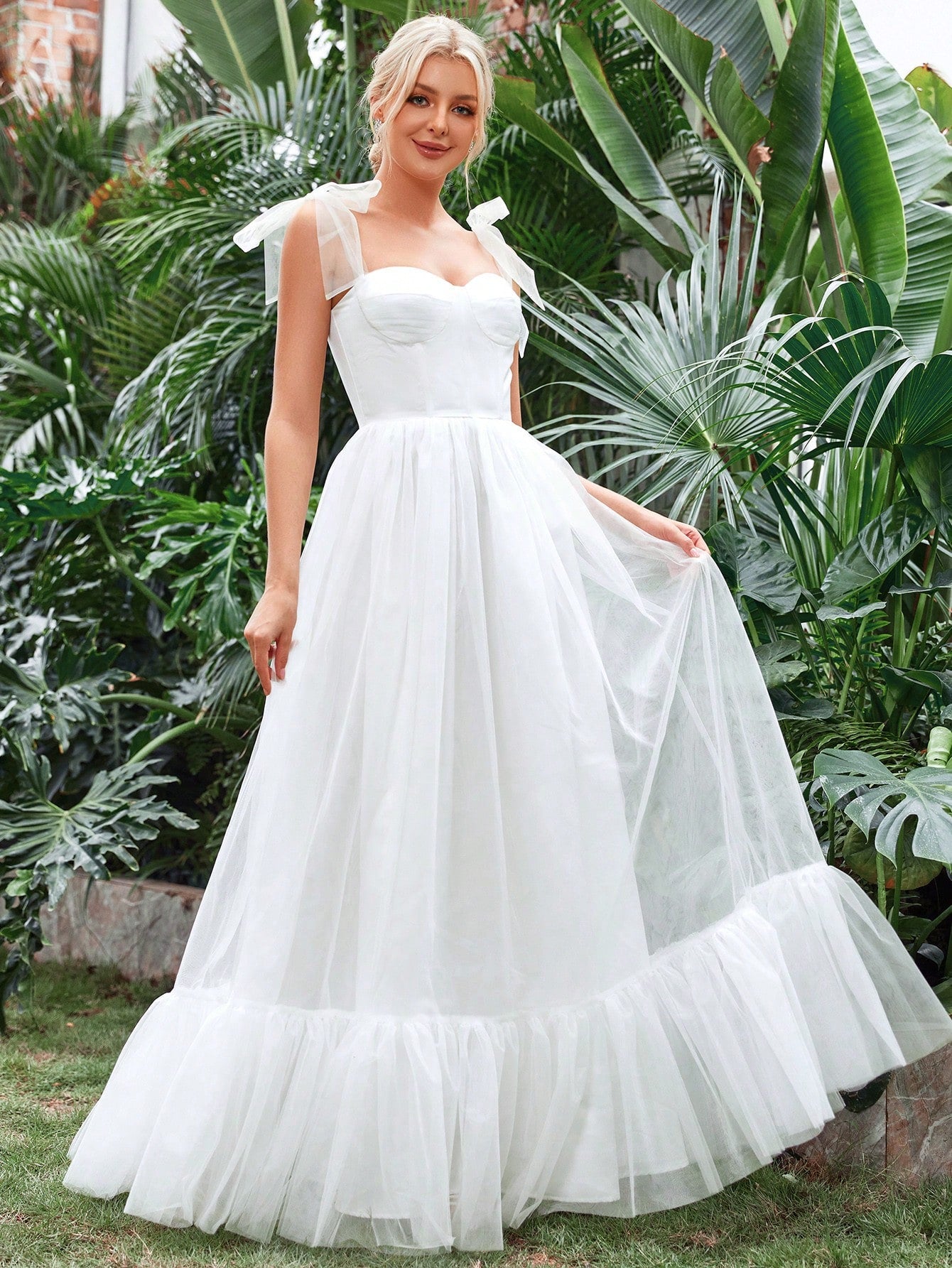 Tie Shoulder Ruffle Hem Mesh Wedding Dress