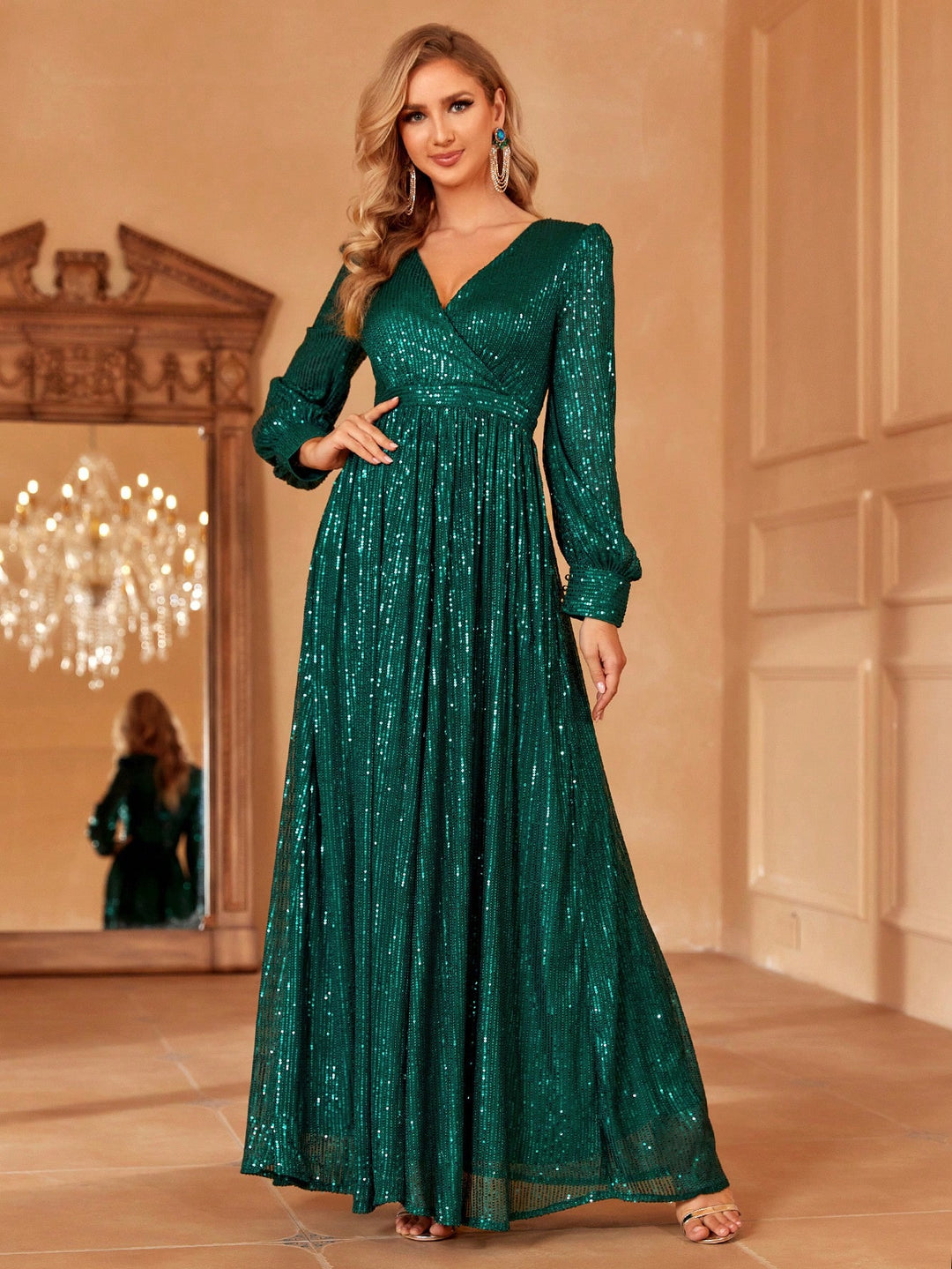 Elegant V Neck Lantern Sleeve Sequin A Line Dresses