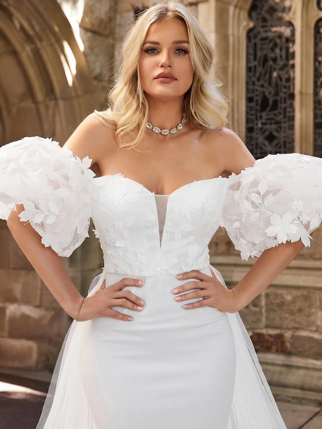 Off Shoulder Puff Sleeves Mesh Overlay Wedding Dress