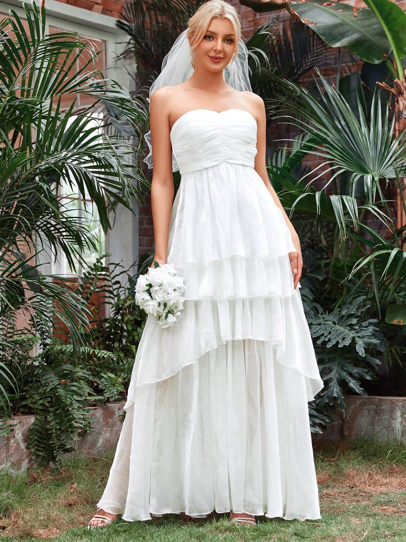 Ruched Bust Layer Hem Chiffon Tube Wedding Dress