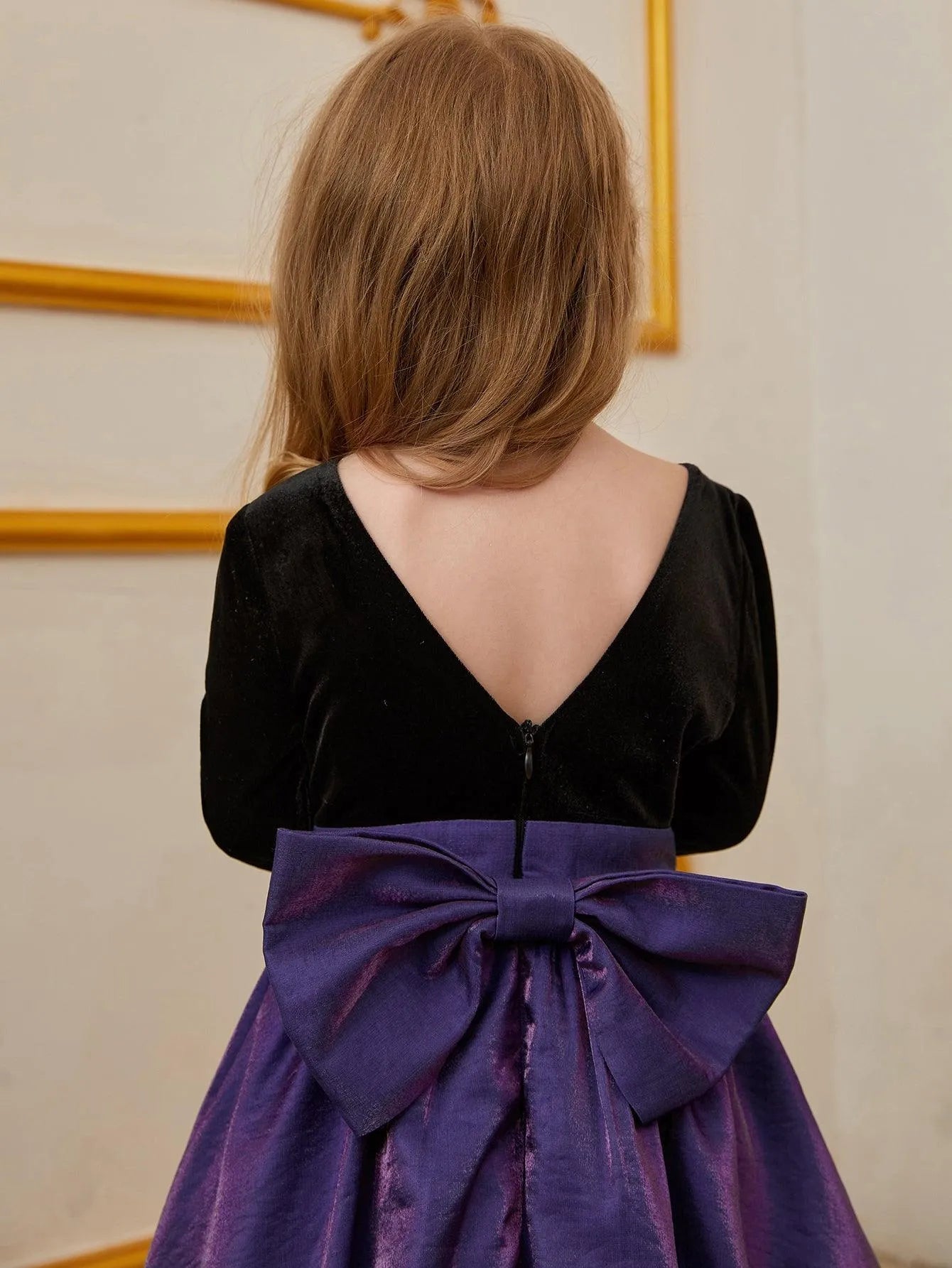 Young Girls' Backless 3/4 Sleeve A Line Dress With Bow