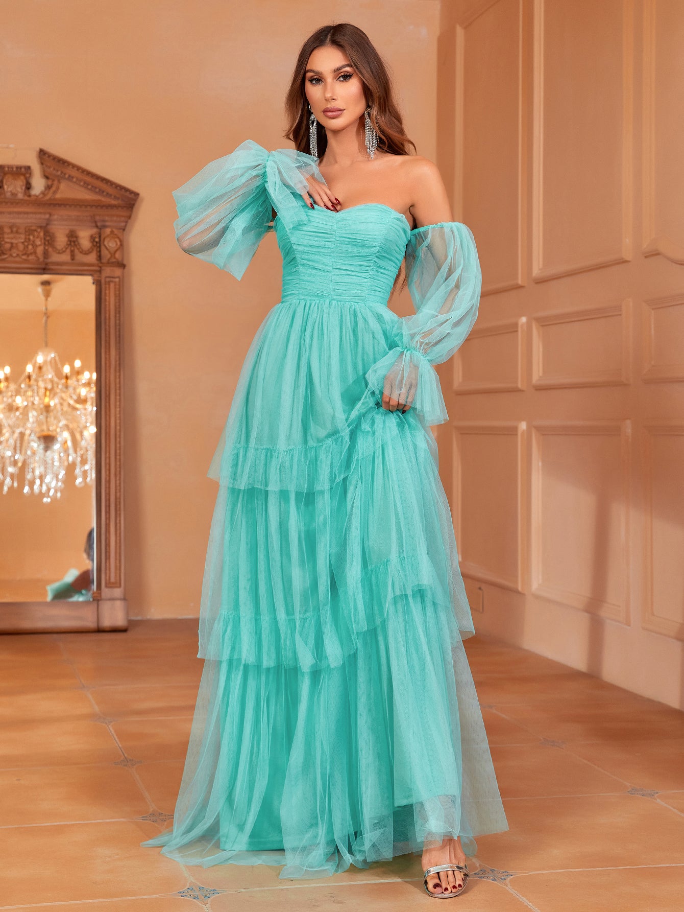 Off Shoulder Lantern Sleeve Mesh Layered Dress