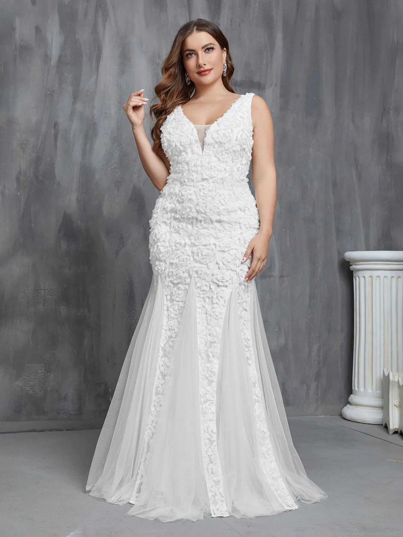 Plus Plunging Neck Mermaid Hem Wedding Dress