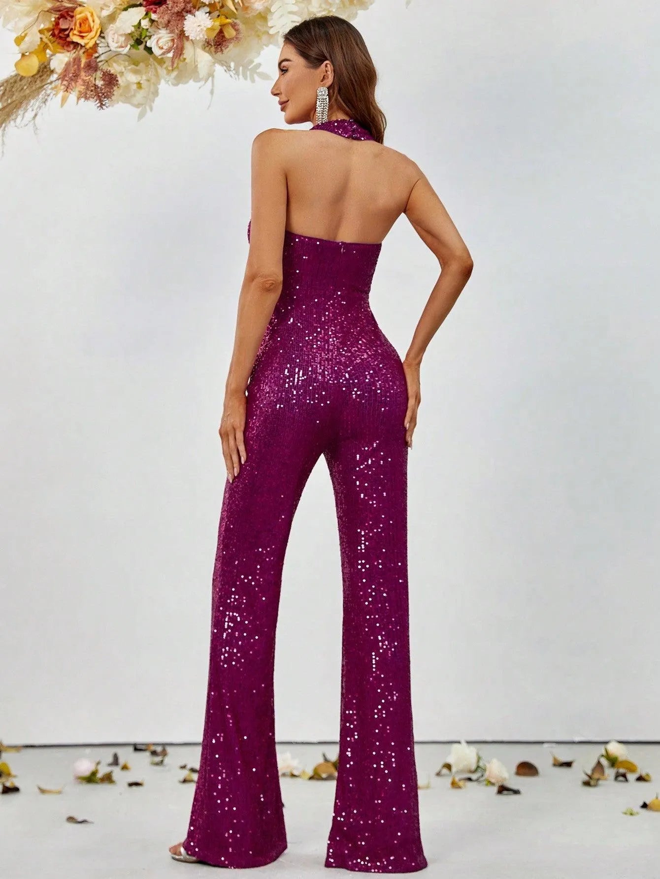 Crisscross Cut Out Sequin Flare Leg Jumpsuit