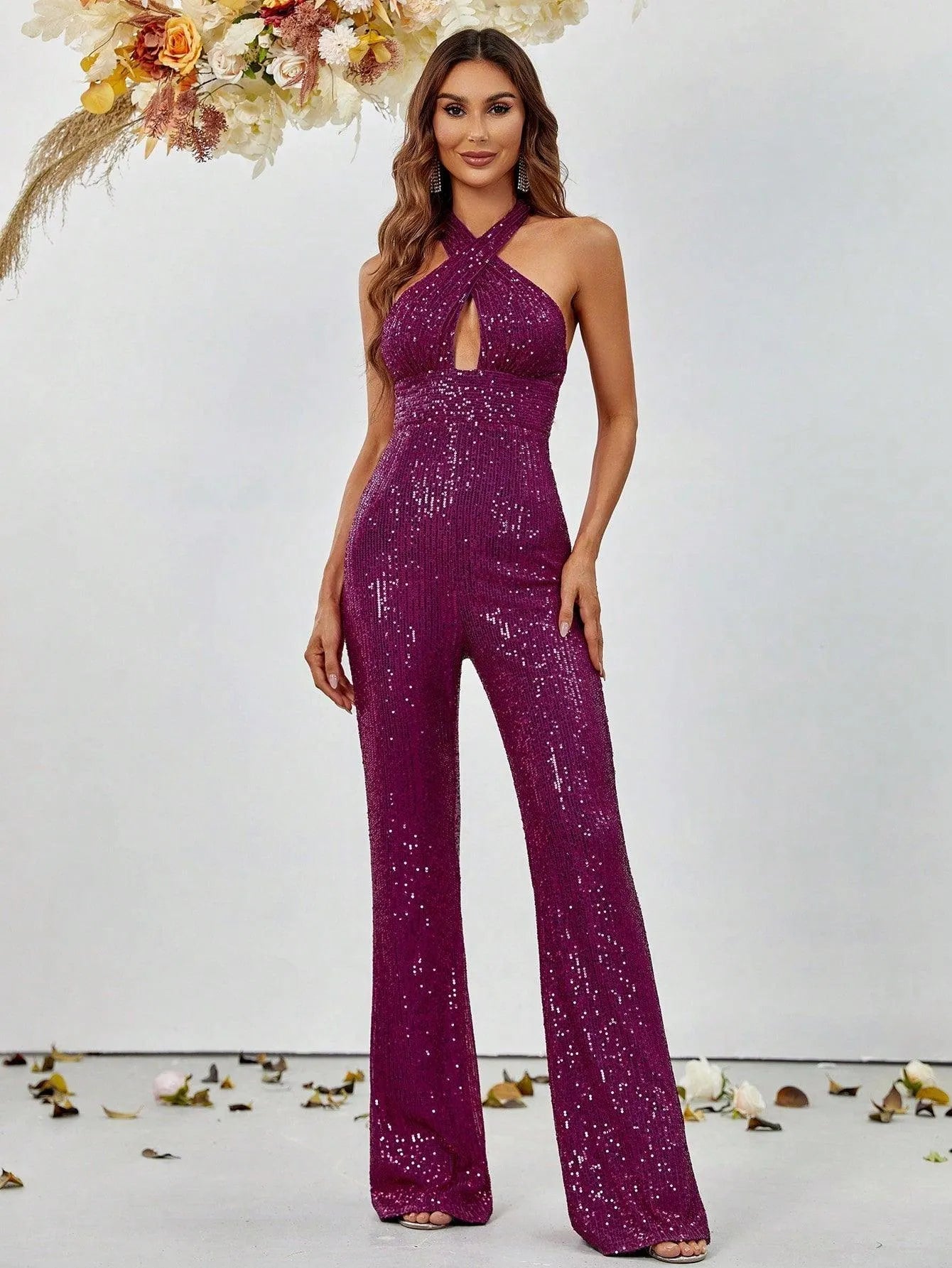 Crisscross Cut Out Sequin Flare Leg Jumpsuit