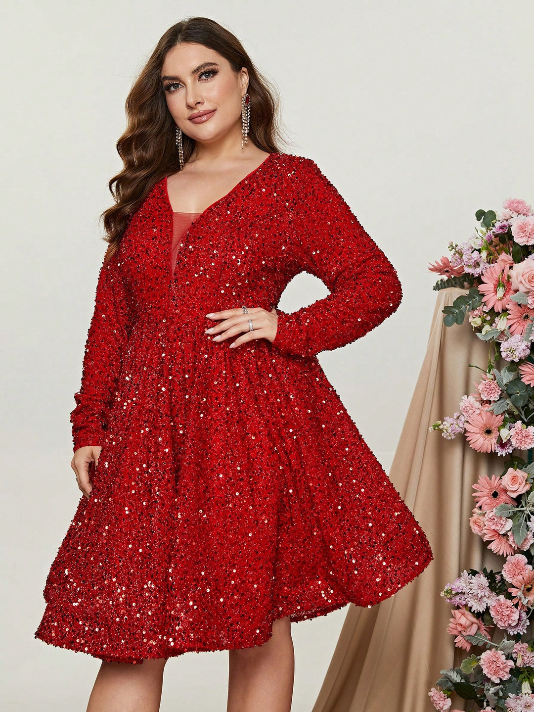 Plus Size V Neck Long Sleeve Sequin Mini A Line Dress