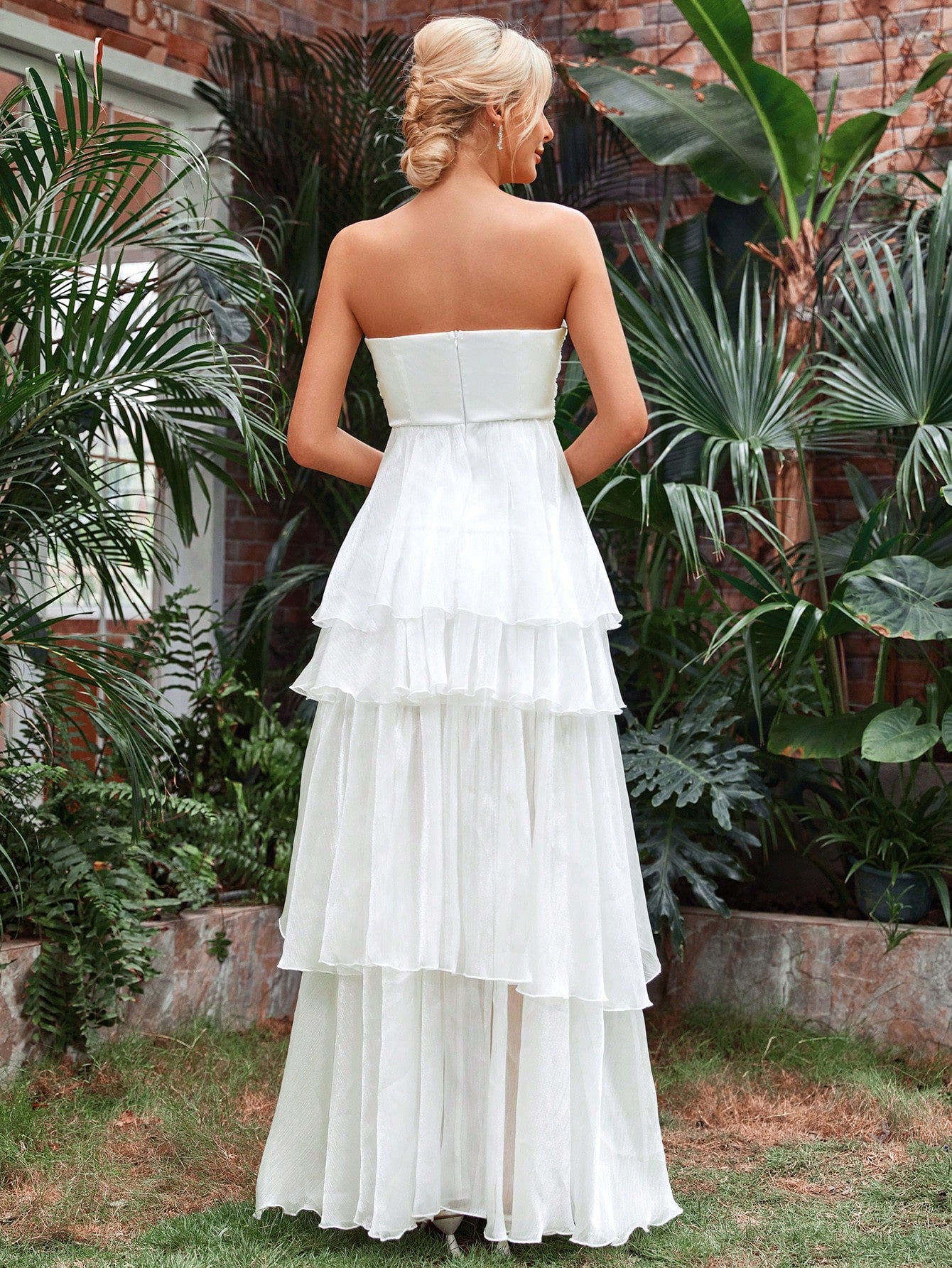 Ruched Bust Layer Hem Chiffon Tube Wedding Dress