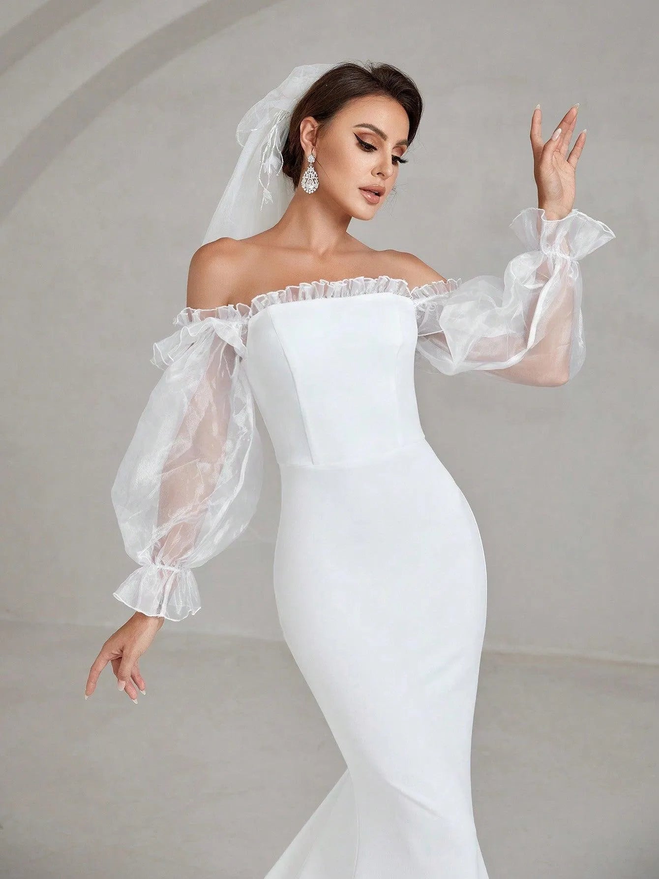 Off Shoulder Flounce Sleeve Maxi Mermaid Hem Wedding Dress