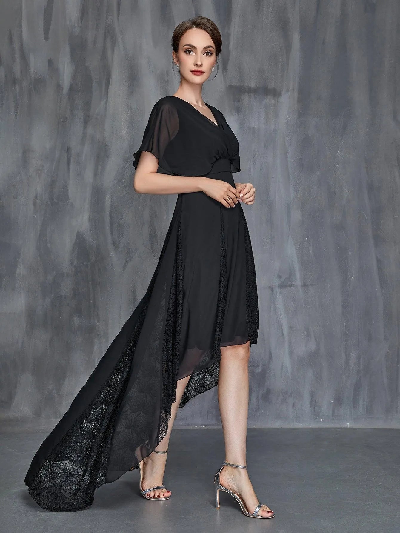 Womens' Surplice Neck High Low Hem Chiffon Dress