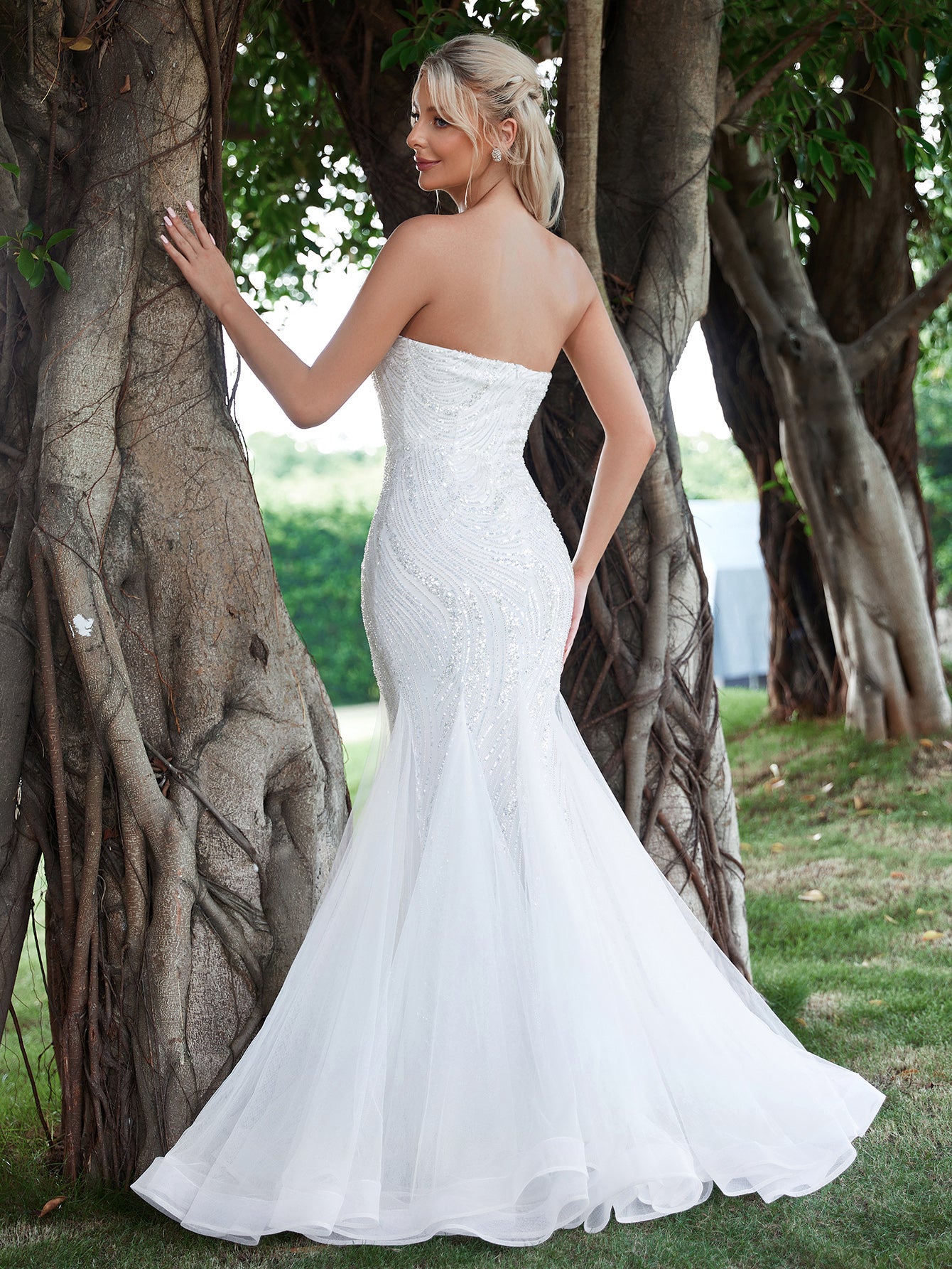 Elegant Mesh Insert Mermaid Hem Sequin Tube Wedding Dresses