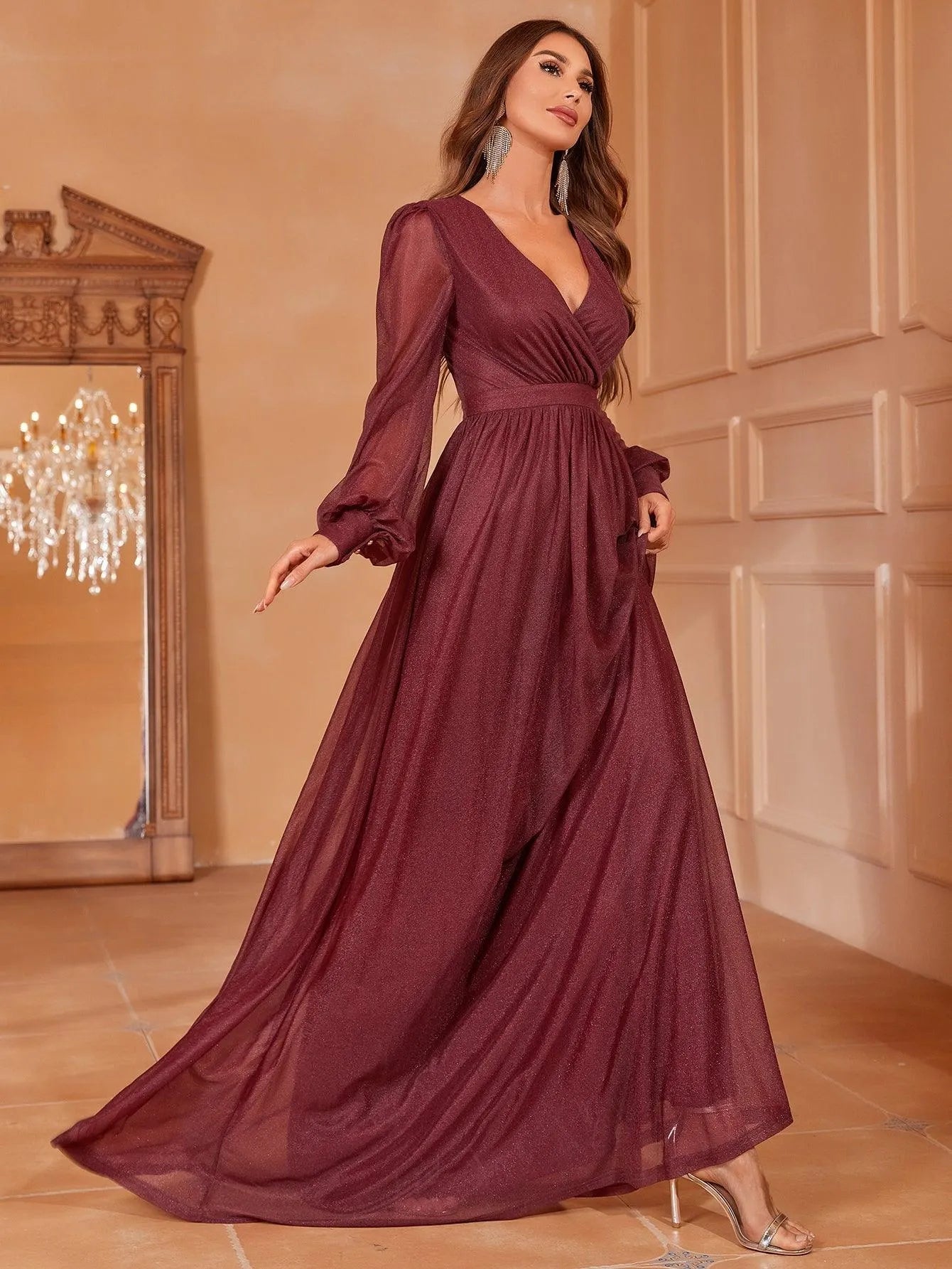 Elegant V Neck Lantern Sleeves Maxi A Line Dress