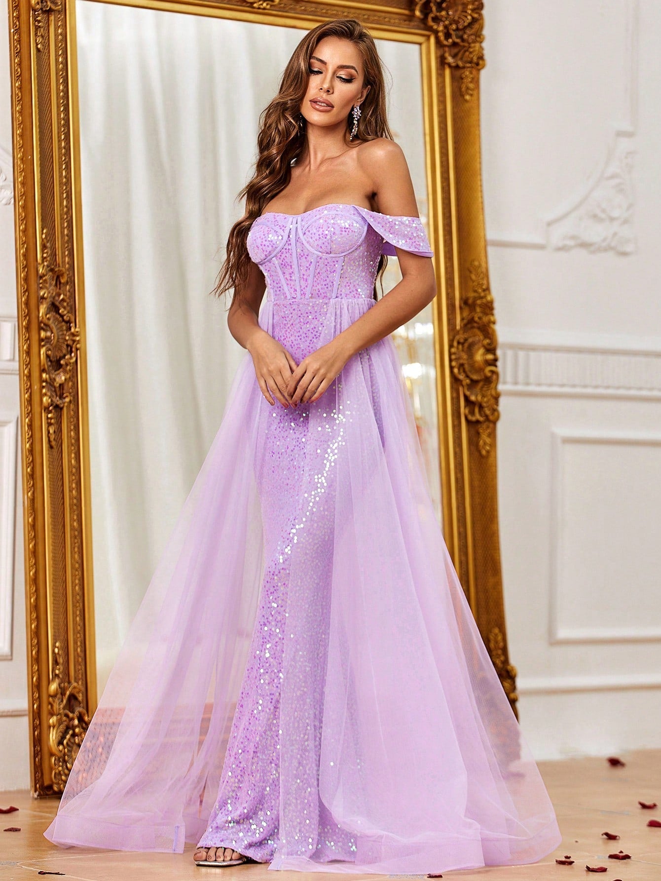 Off Shoulder Mesh Overlay Sequin Mermaid Dresses