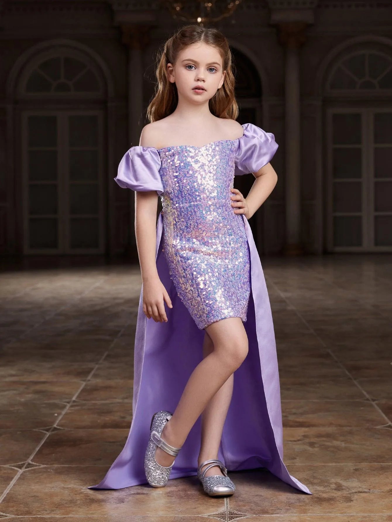 Tween Girls' Off Shoulder Puff Sleeves Satin Overlay Sequin Party Dress