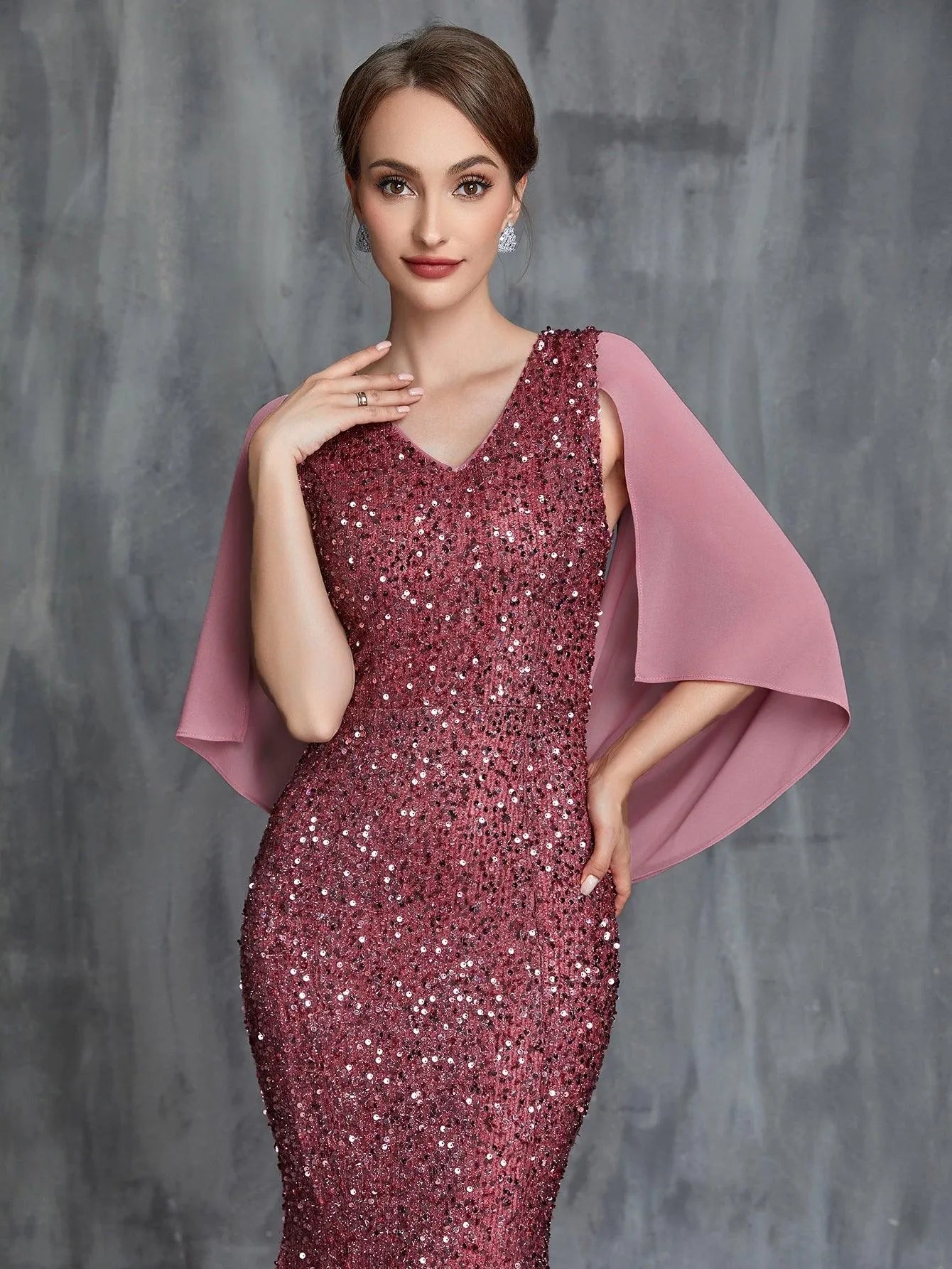 Womens' Draped Back Mermaid Hem Sequin Formal Dress