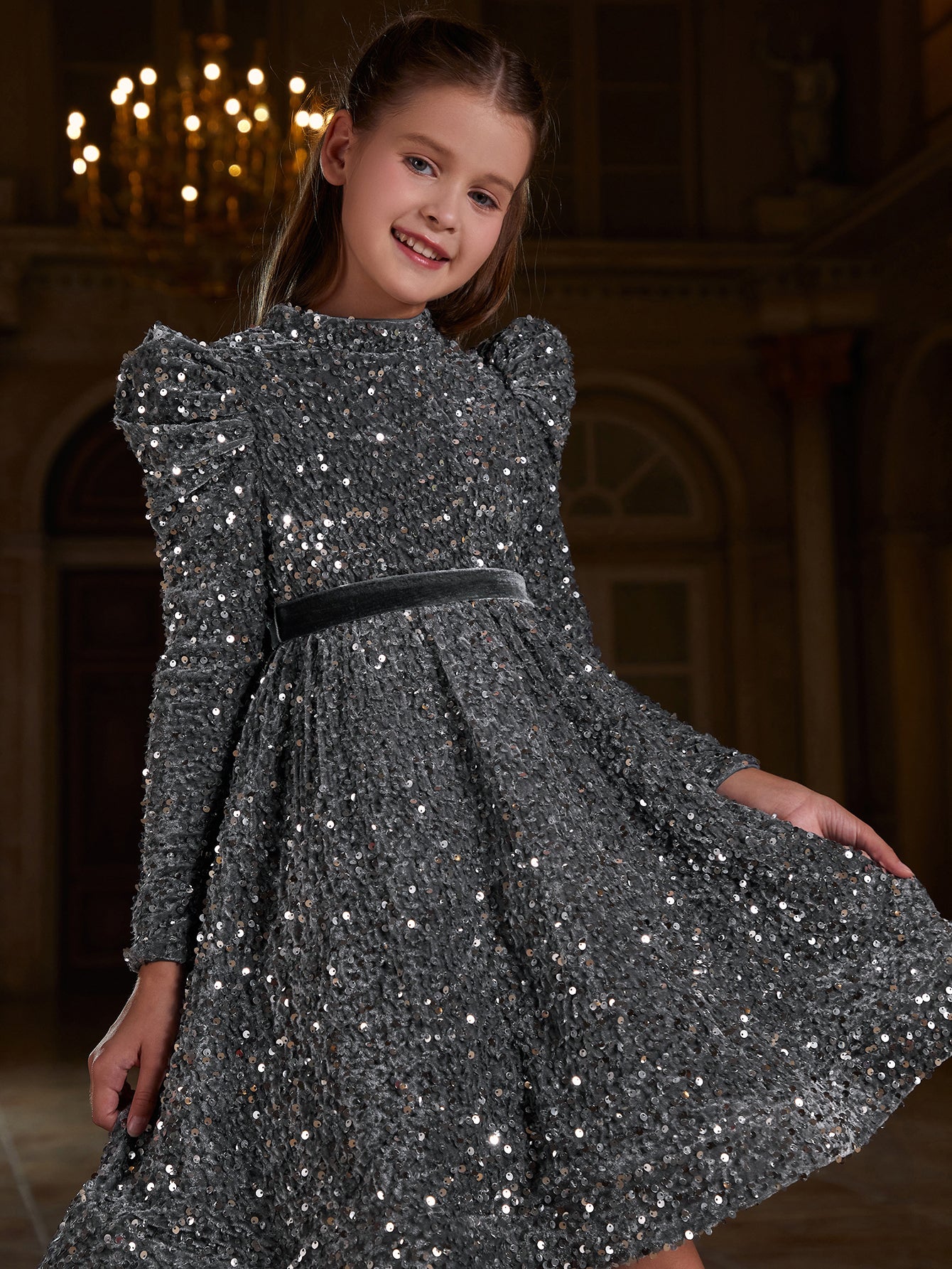 Tween Girls' Mock Neck Gigot Sleeve Sequin A Line Dress