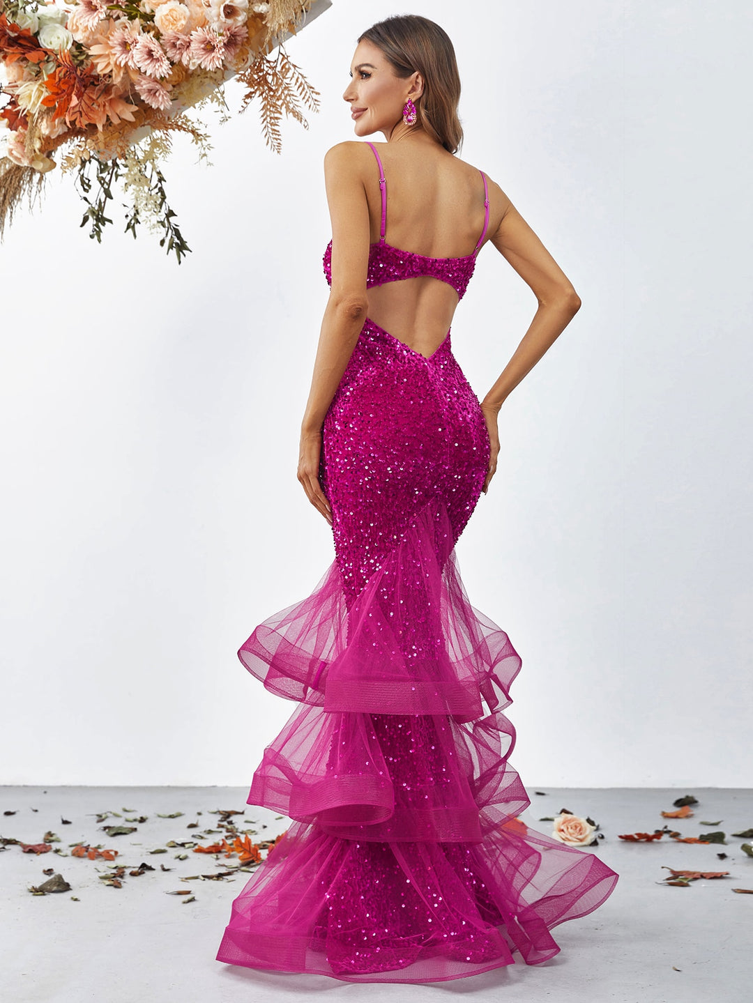 Back Cut Out Sleeveless Sequin Layered Mermaid Dress