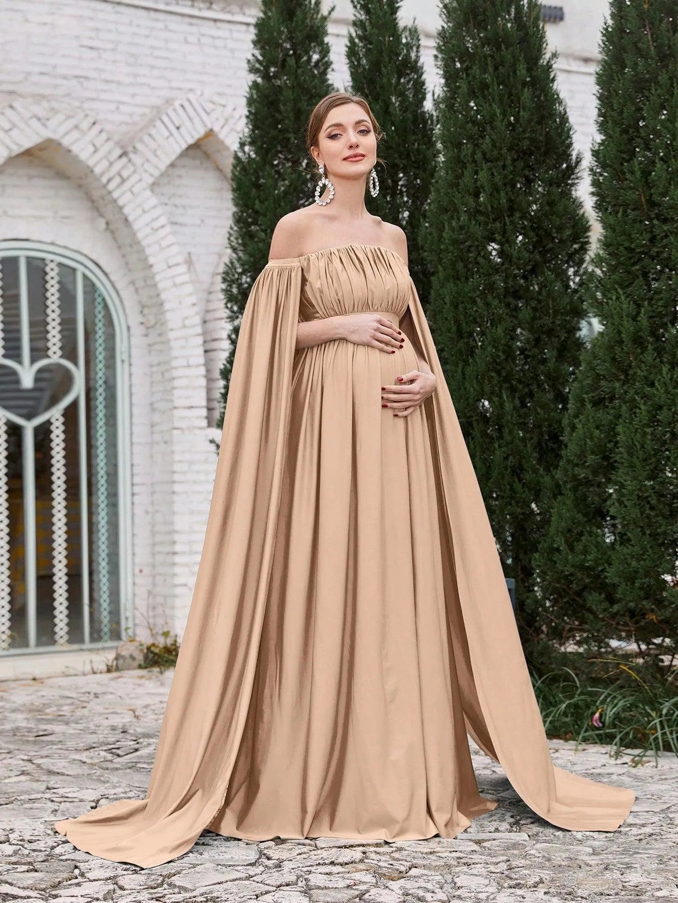 Maternity Off Shoulder Cape Sleeves Maxi Prom Dress