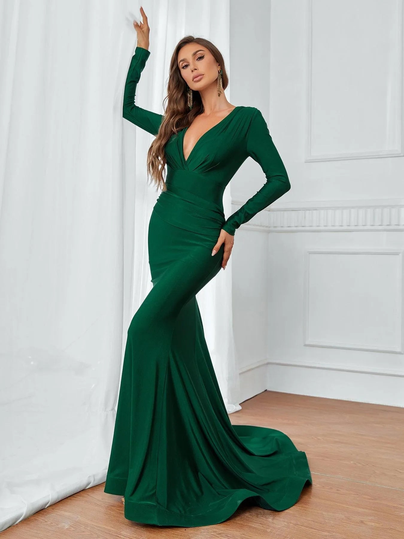 Plunging Neck Backless Mermaid Hem Formal Dress