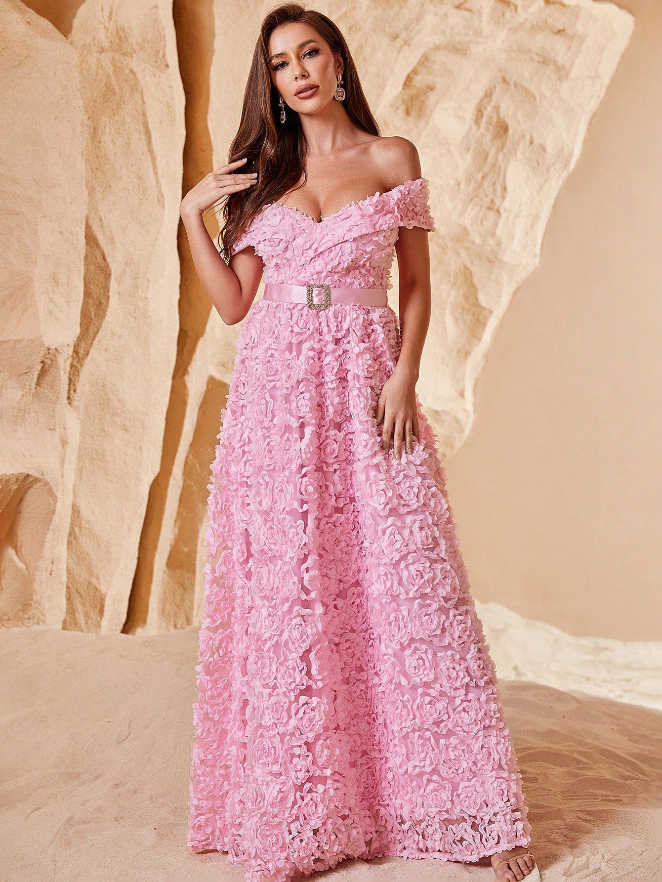 Off Shoulder Rhinestone Detail Belted 3D Flower A-Line Dresses