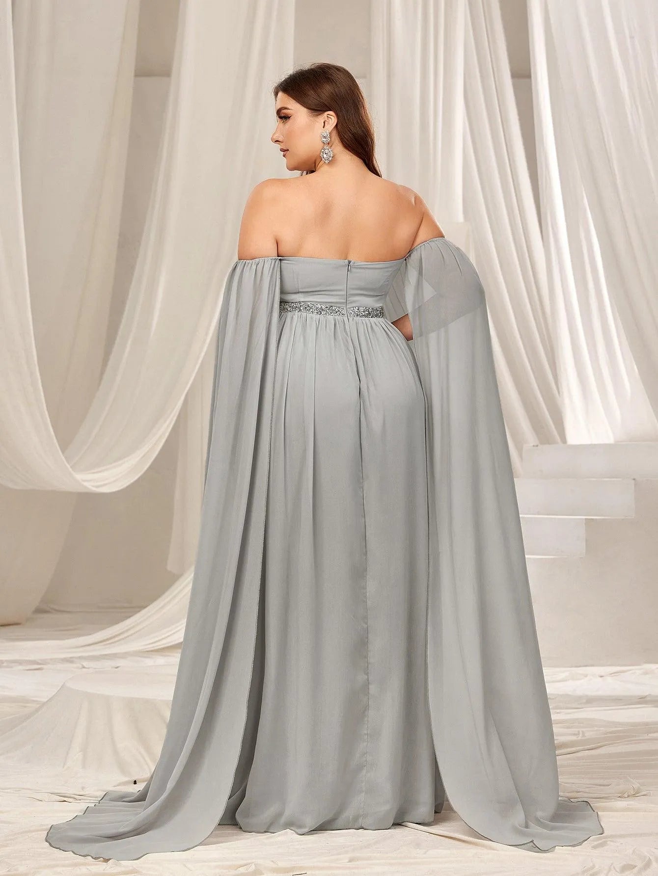 Plus Off Shoulder Extra-Long Sleeves Chiffon Prom Dress