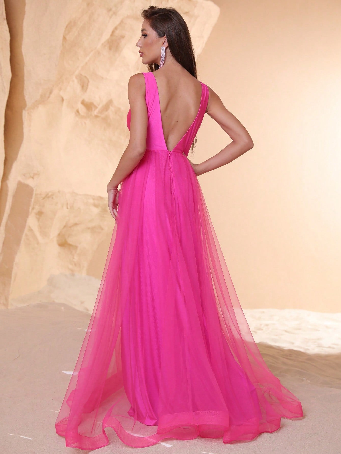 V Neck Backless Satin A Line Dresses Mesh Layer On Waist