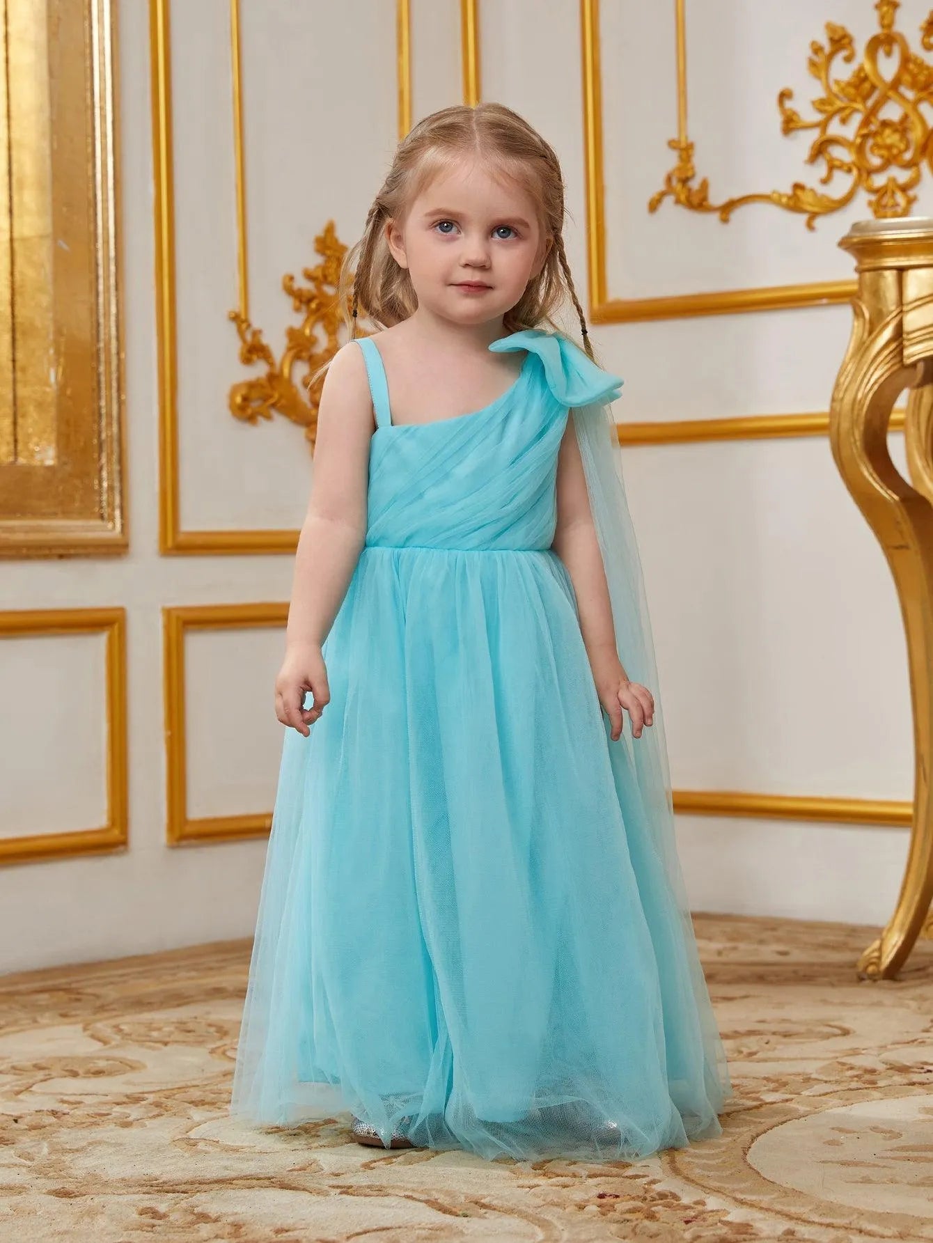 Young Girls' One Shoulder Draped Side Mesh A Line Dress With Bow