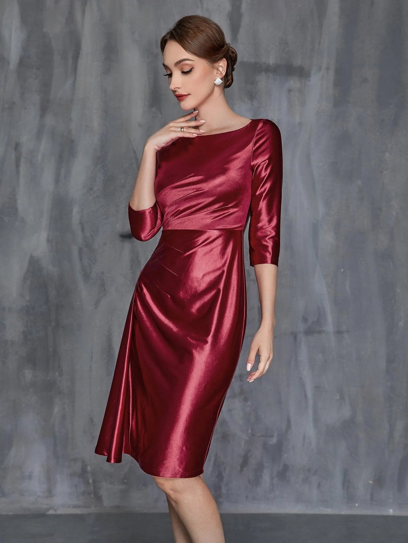 Womens' Solid Ruched Wrap Front Satin Dress