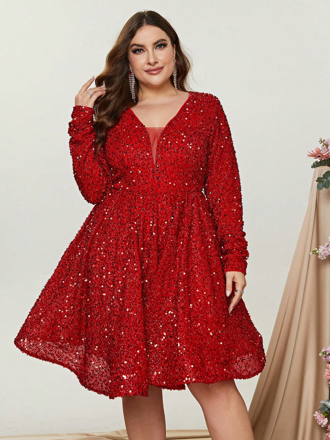 Plus Size V Neck Long Sleeve Sequin Mini A Line Dress