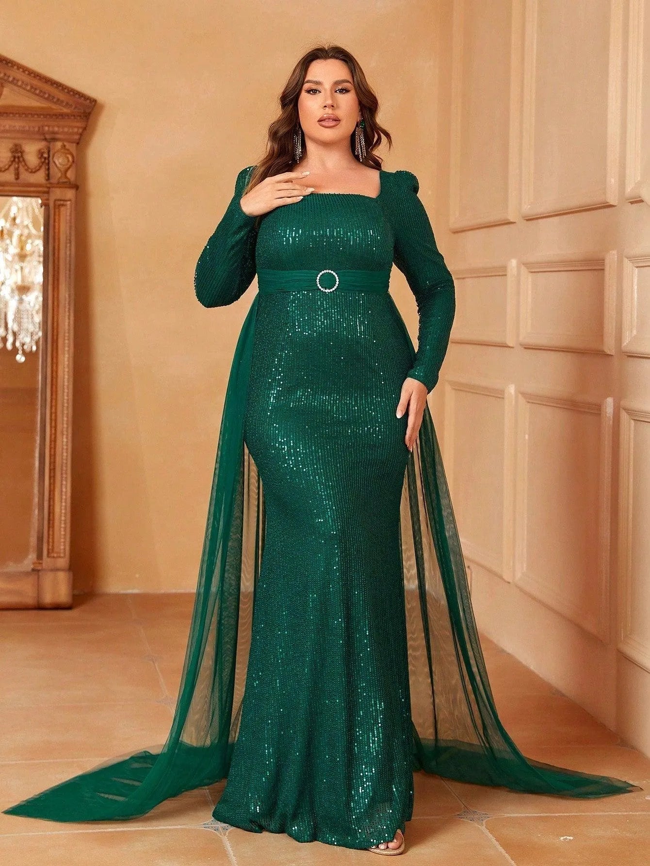 Plus Square Neck Gigot Sleeves Sequin Mermaid Dress