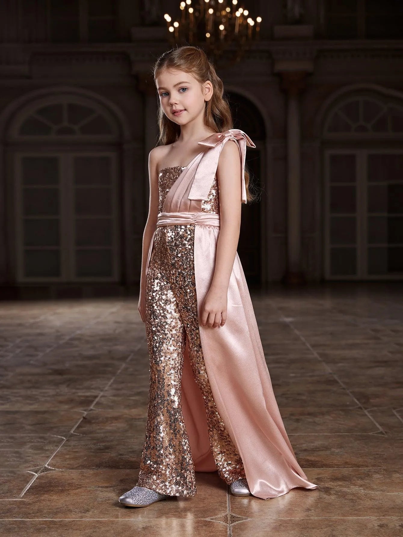 Tween Girls' One Shoulder Satin Overlay Sequin Jumpsuit