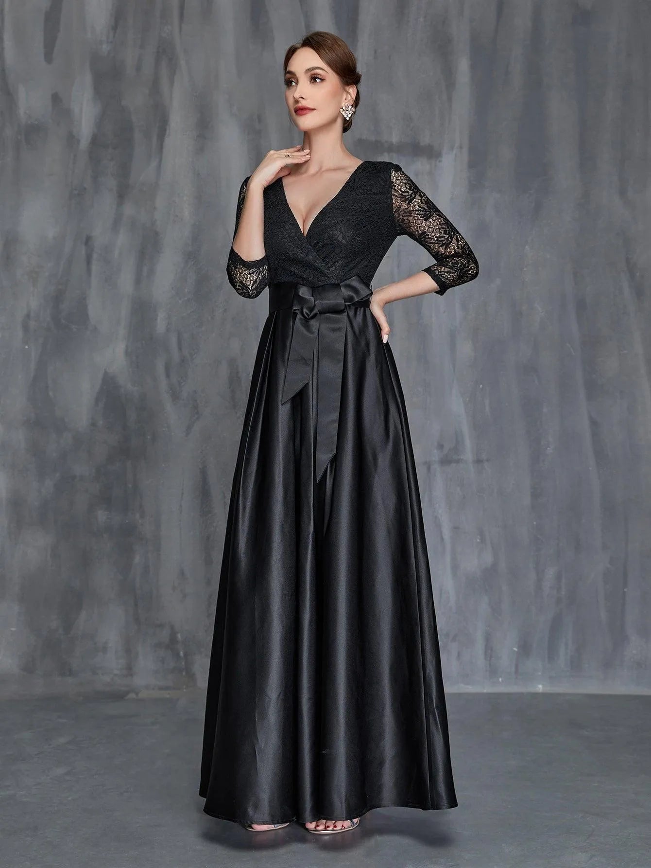 Womens' Surplice Neck Lace Contrast Satin Belted Dress