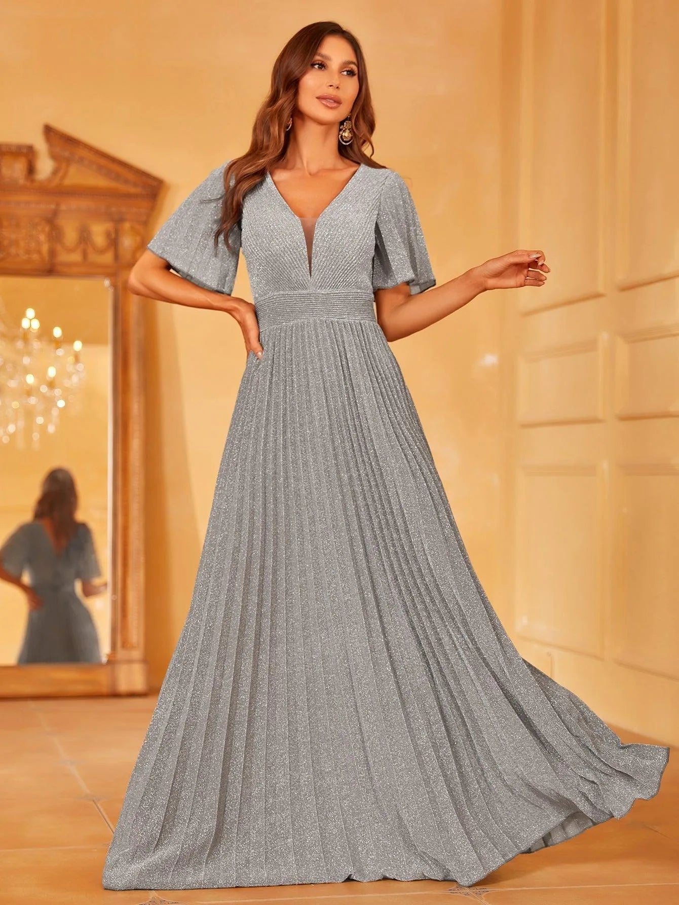 Glitter V Neck Short Sleeve Maxi Pleated Dress