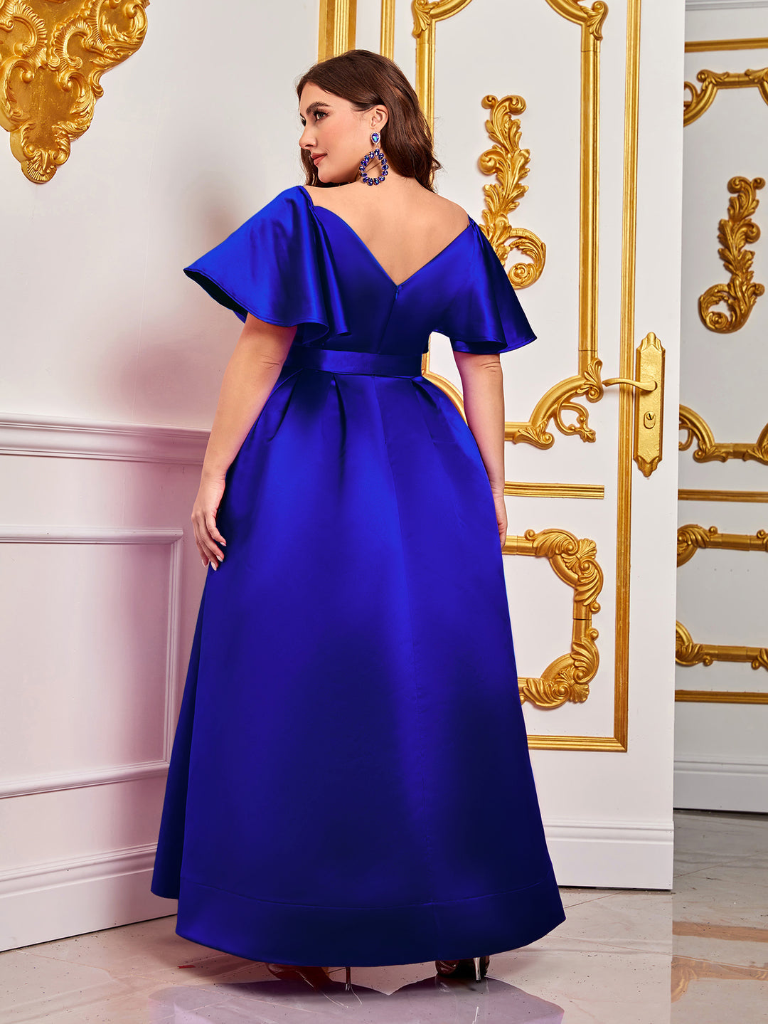 Plus Rhinestone Detail Belted Ruffle Sleeve Satin Dress