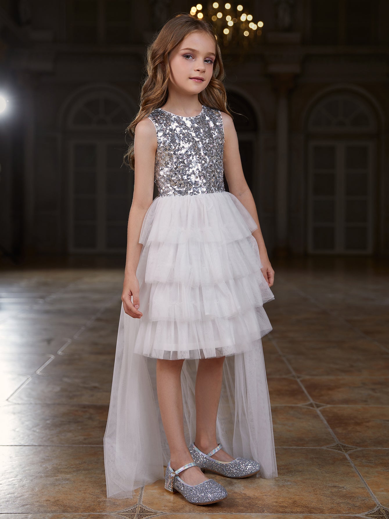 Tween Girls' Mesh Layered Hem Sequin Party Dress