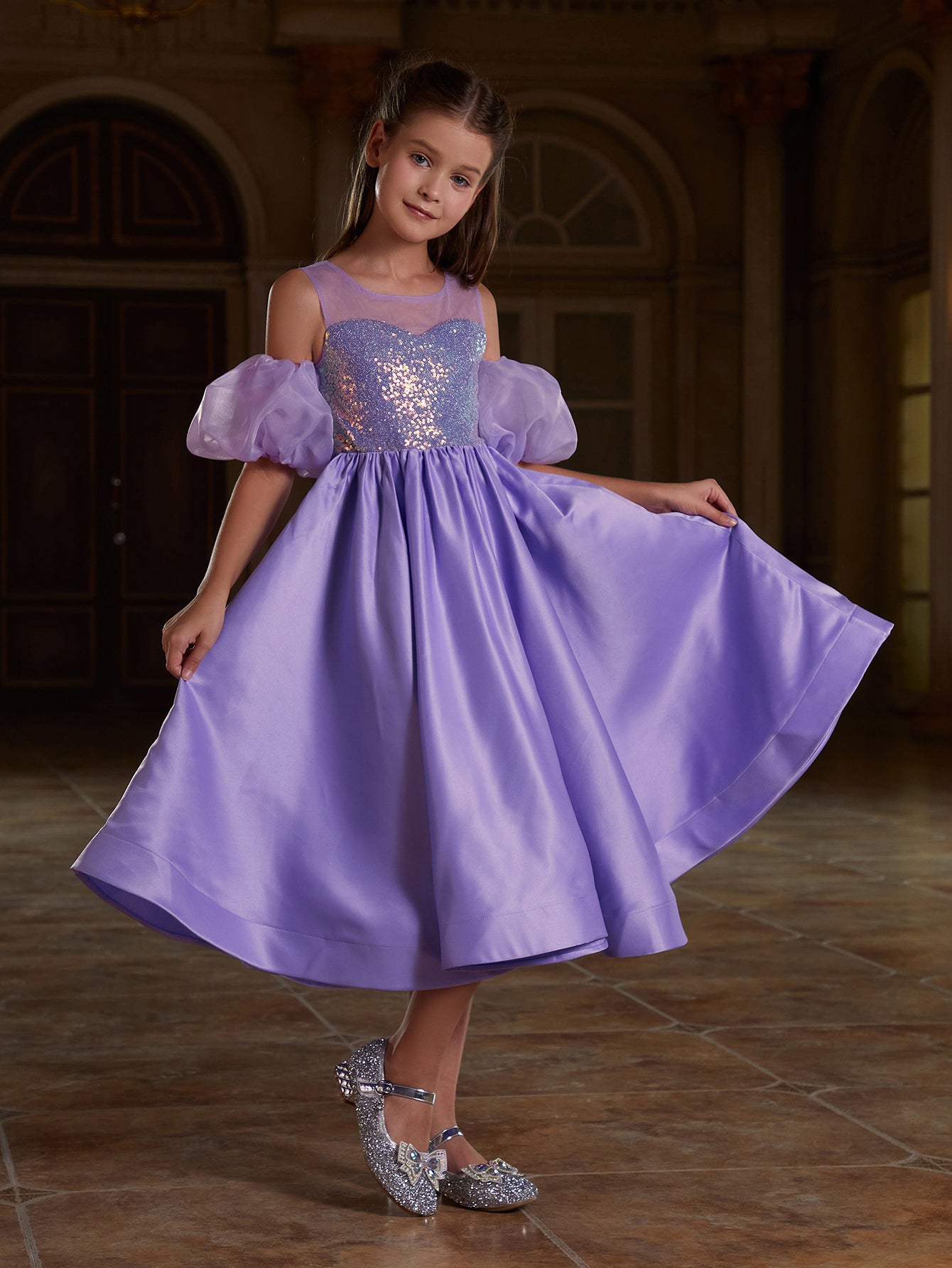 Girl's Puff Sleeve Sequin Contrast Satin Dress