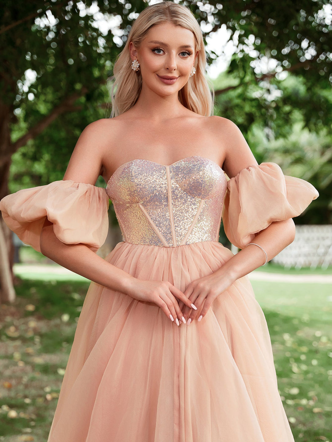 Off Shoulder Lantern Sleeve Sequin Bodice Contrast Organza Hem Dress