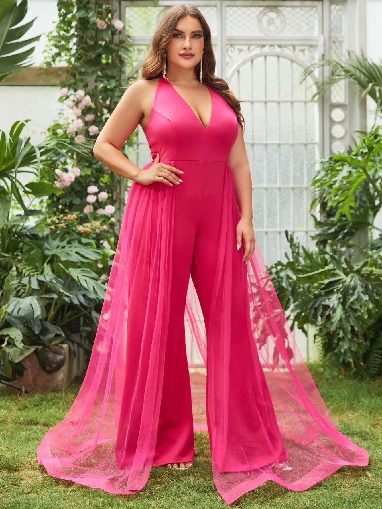 Plus Halter Neck Mesh Overlay Wide Leg Jumpsuits