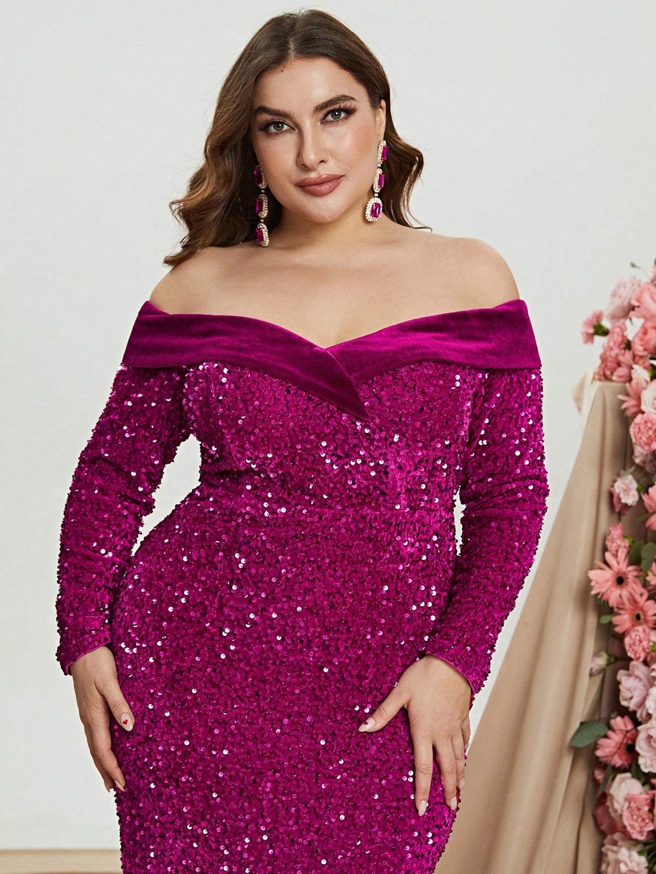 Plus Off Shoulder Long Sleeve Sequin Mermaid Dresses